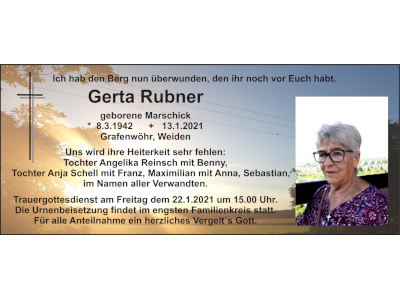 Traueranzeige Gerta Rubner, Grafenwöhr
