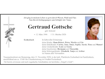 Traueranzeige Gertraud Gottsche, Eschenbach