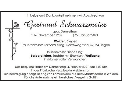 Traueranzeige Gertraud Schwarzmeier, Weiden