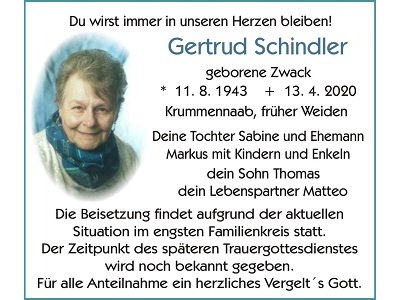 Traueranzeige Gertrud Schindler, Krummennaab