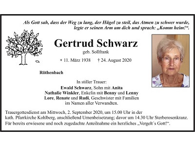 Traueranzeige Gertrud Schwarz, Röthenbach