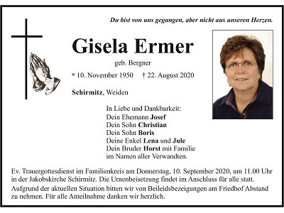 Traueranzeige Gisela Ermer, Schirmitz