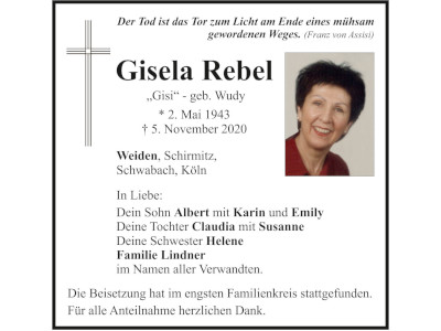 Traueranzeige Gisela Rebel, Weiden