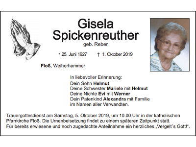 Traueranzeige Gisela Spickenreuther, Floß