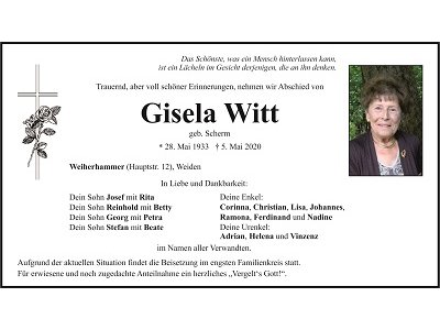 Traueranzeige Gisela Witt, Weiherhammer