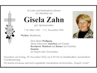 Traueranzeige Gisela Zahn, Weiden