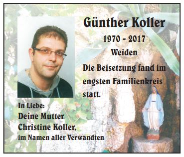Traueranzeige Günther Koller, Weiden