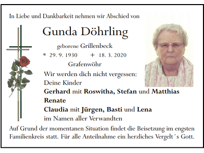 Traueranzeige Gunda Döhrling, Grafenwöhr