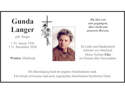 Traueranzeige Gunda Langer, Weiden