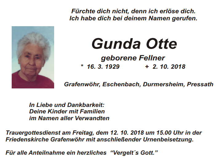 Traueranzeige Gunda Otte, Grafenwöhr