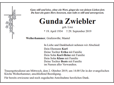 Traueranzeige Gunda Zwiebler, Weiherhammer