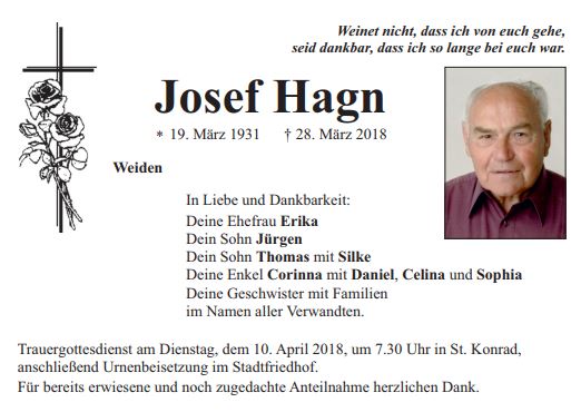 Traueranzeige Josef Hagn, Weiden