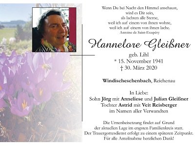 Traueranzeige Hannelore Gleißner, Windischeschenbach