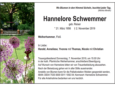 Traueranzeige Hannelore Schwemmer, Weiherhammer