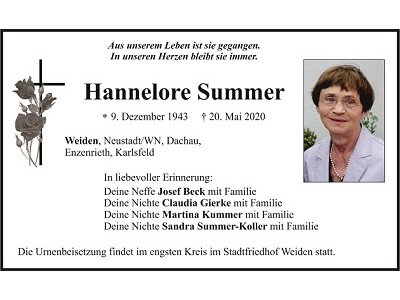 Traueranzeige Hannelore Summer, Weiden