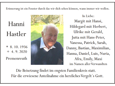 Traueranzeige Hanni Hastler, Premenreuth