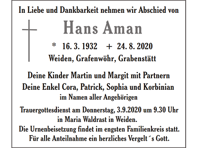 Traueranzeige Hans Aman, Weiden