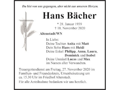 Traueranzeige Hans Bächer, Altenstadt/WN