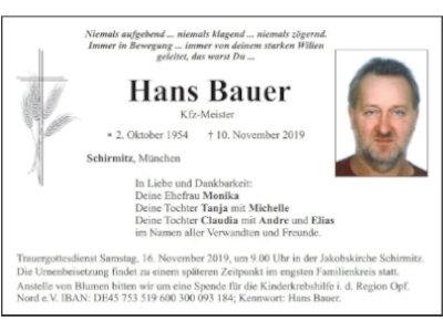 Traueranzeige Hans Bauer, Schirmitz