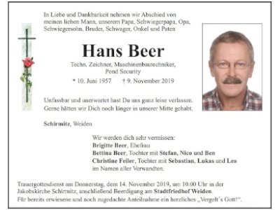 Traueranzeige Hans Beer, Schirmitz/Weiden