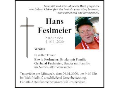 Traueranzeige Hans Feslmeier, Weiden