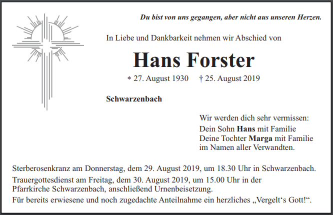 Traueranzeige Hans Forster, Schwarzenbach