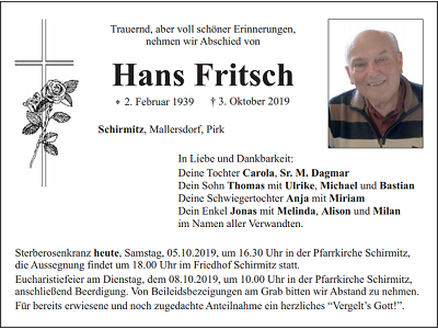 Traueranzeige Hans Fritsch, Schirmitz
