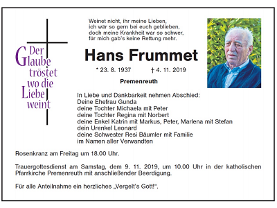 Traueranzeige Hans Frummet, Premenreuth