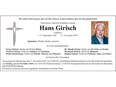 Traueranzeige Hans Girisch, Speinshart