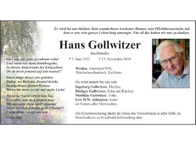 Traueranzeige Hans Gollwitzer, Weiden