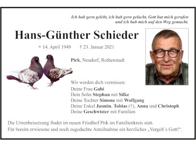 Traueranzeige Hans-Günther Schieder, Pirk