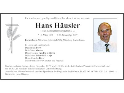 Traueranzeige Hans Häusler, Eschenbach