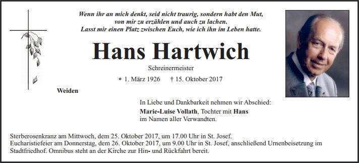 Traueranzeige Hans Hartwich, Weiden