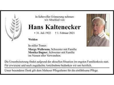 Traueranzeige Hans Kaltenecker, Weiden