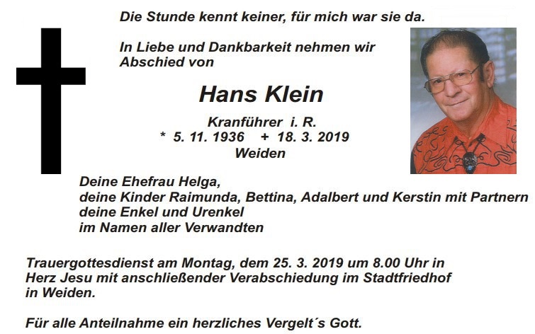 Traueranzeige Hans Klein, Weiden