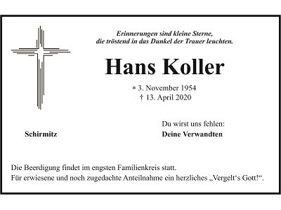 Traueranzeige Hans Koller, Schirmitz