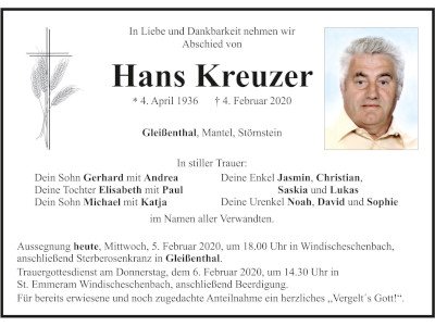 Traueranzeige Hans Kreuzer, Gleißenthal