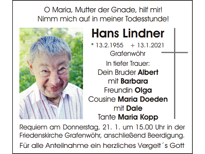 Traueranzeige Hans Lindner, Grafenwöhr