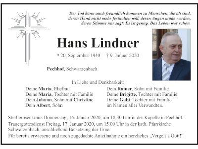 Traueranzeige Hans Lindner, Pechhof