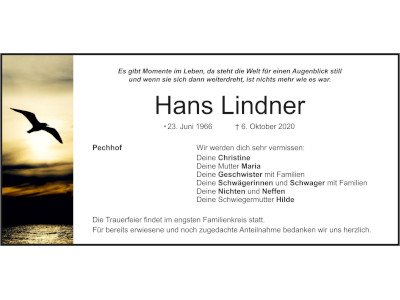 Traueranzeige Hans Lindner, Pechhof