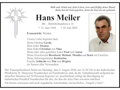 Traueranzeige Hans Meiler, Frauenricht
