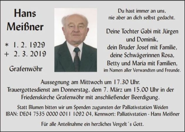 Traueranzeige Hans Meißner, Grafenwöhr