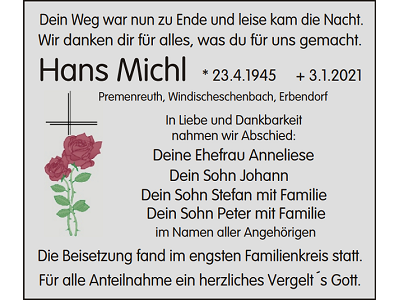 Traueranzeige Hans Michl, Premenreuth
