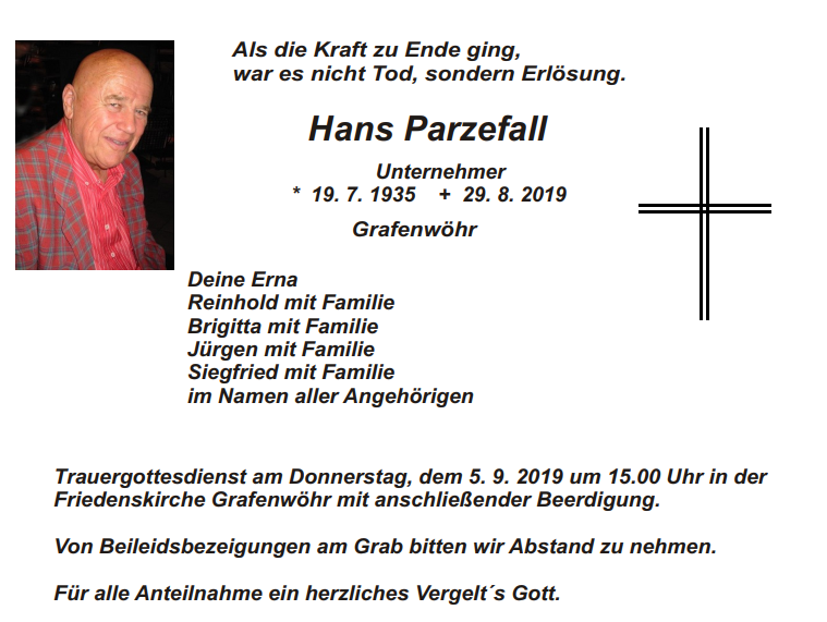 Traueranzeige Hans Parzefall, Grafenwöhr