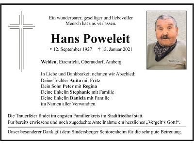 Traueranzeige Hans Poweleit, Weiden