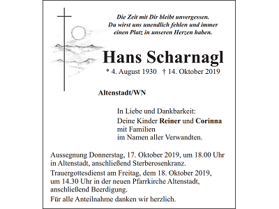 Traueranzeige Hans Scharnagl, Altenstadt/WN