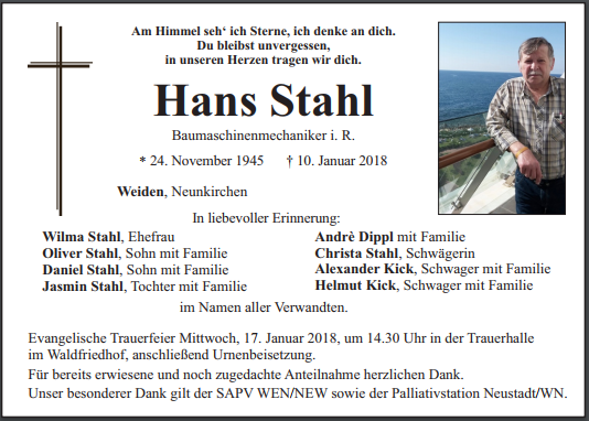 Traueranzeige Hans Stahl, Weiden