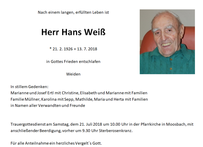 Traueranzeige Hans Weiß, Weiden