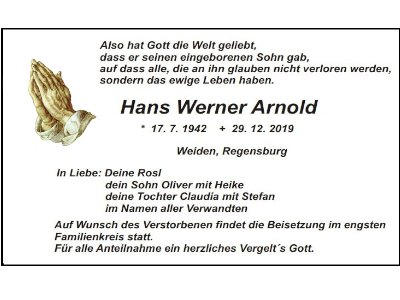 Traueranzeige Hans Werner Arnold, Weiden