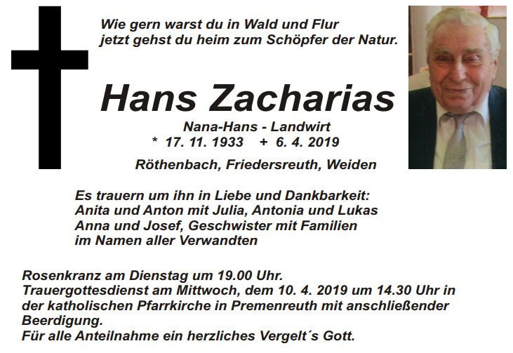 Traueranzeige Hans Zacharias, Röthenbach